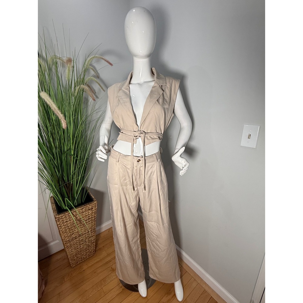 Micas Beige Two Piece Set‎ Crop Vest & Wide Leg Pants size L - Picture 6 of 12